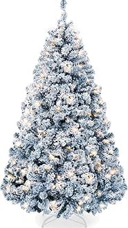 Pre-Lit Ice Blue Christmas Tree, 9ft Artificial Flocked Full Fir Tree, Holiday Decoration w/ 900 Lights, 2,094 Branch Tips