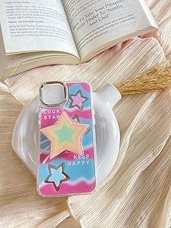 COVERLY for iPhone 14 3D Luxury Happy Star Resin Phone Holder Case,Trendy Mirror Pop Cute Cartoon Sleek Retro Colorful Phone Stand Love Heart Cutest Cover for Apple iPhone 14