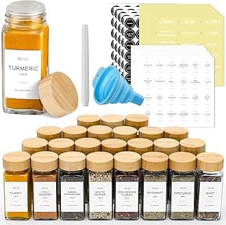 NETANY 24 Pcs Glass Spice Jars with Bamboo Lids, 4 oz Glass Jars with Minimalist Farmhouse Spice Labels Stickers, Collapsible Funnel, Seasoning Storage Bottles for Spice Rack, Cabinet, Drawer