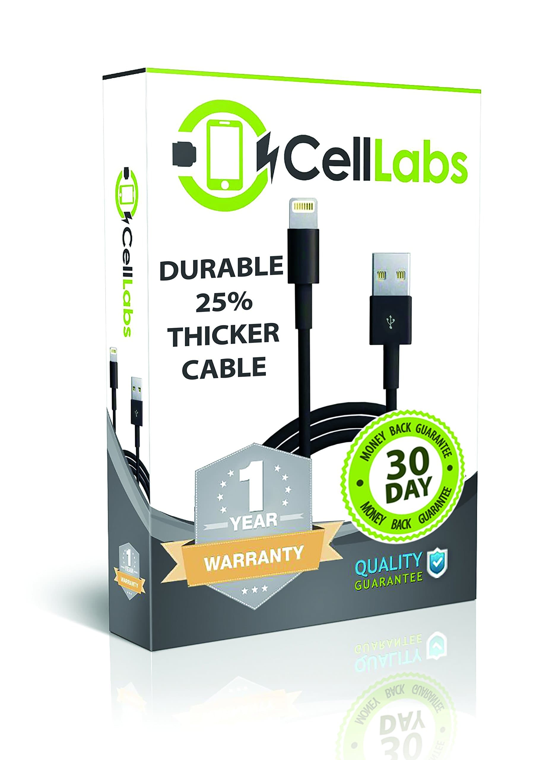 CellLabs Lightning to USB Cable to USB for Apple iPhone 6 / 6 Plus / 5 / 5C / 5S, iPad Air, iPad mini, iPod Nano (7th generation) iPod touch (5th Generation) - 6ft (Six Feet) USB SYNC Cable Charger Cord - Best Compatible Charger Cord for Data and Syncing - Guaranteed Wire to Work with iOS7 iOS8 - Fits All Aftermarket Cases and Accessories & Thickness Sturdier Design - Long and Portable - 8 Pin connector on Lightning End - Fits All USB Car Chargers (Black)