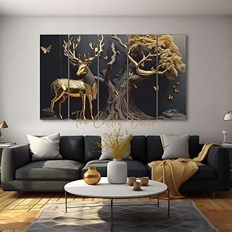 The Castle Decor Golden Deer Wall Painting for Living Room Big Size - Deer Wall Painting for Bedroom, Office, Drawing Room, Hotel - Elegant Wall Decor Art for Home Decoration, Gifting (27x48 inch)