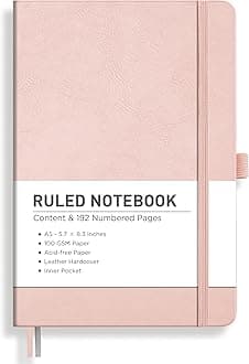 RETTACY Lined Journal Notebook, 192 Numbered Pages, A5 Medium Size (5.7'' x 8.3''), for Men & Women, Journaling, Writing, Work & Office, Leather Hardcover, 100 GSM Thick Paper (Rose Gold)