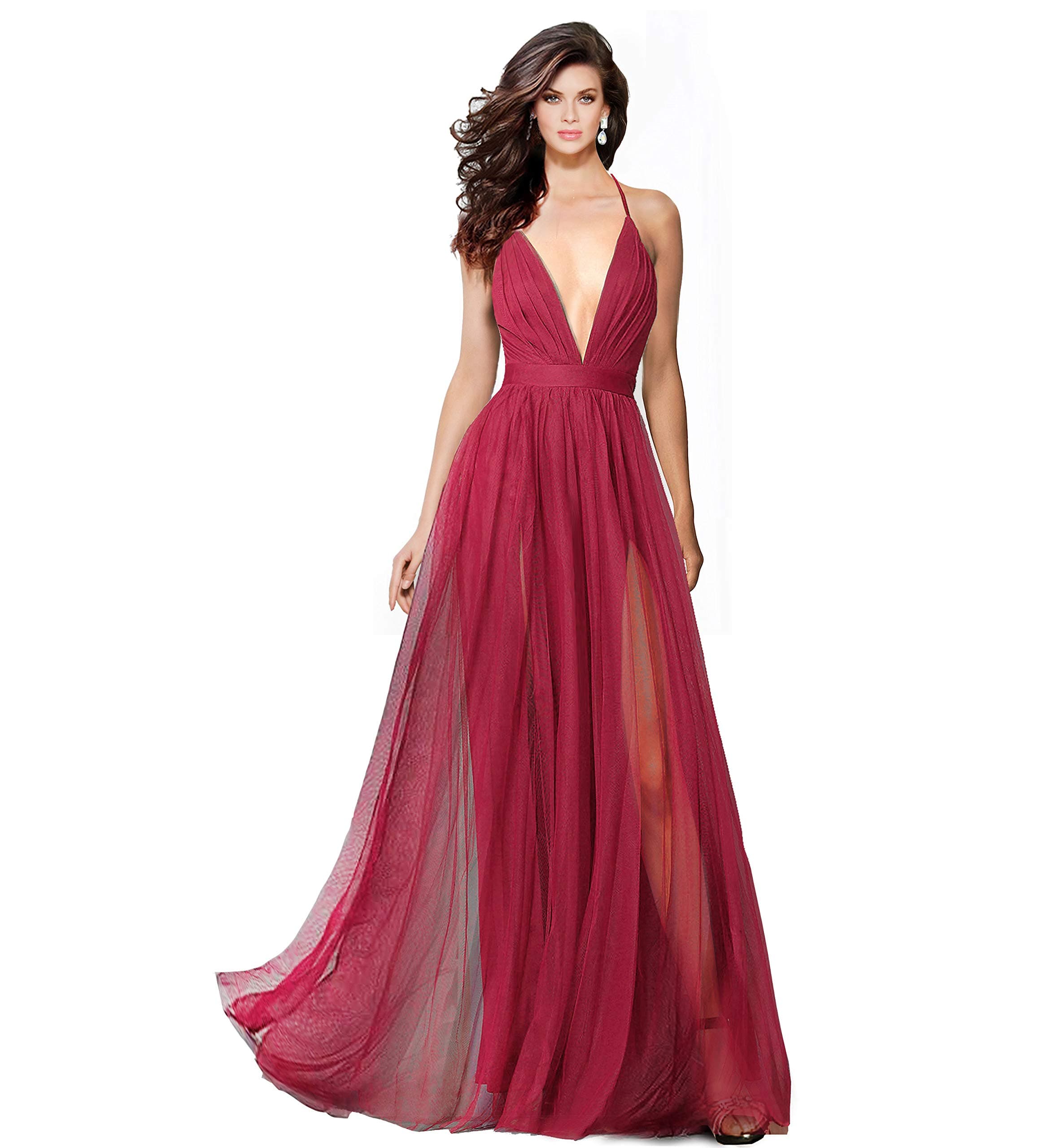 Alluring deep v-Neckline Spaghetti Straps Criss-Cross Open Back Tulle Dual Front Slits Evening Prom Formal Dress