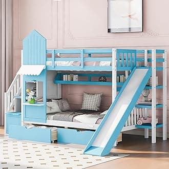 Twin-Over-Twin Castle Style Bunk Bed with 2 Drawers and 3 Shelves, Wooden Bunk Bed Frame and Storage Staircase