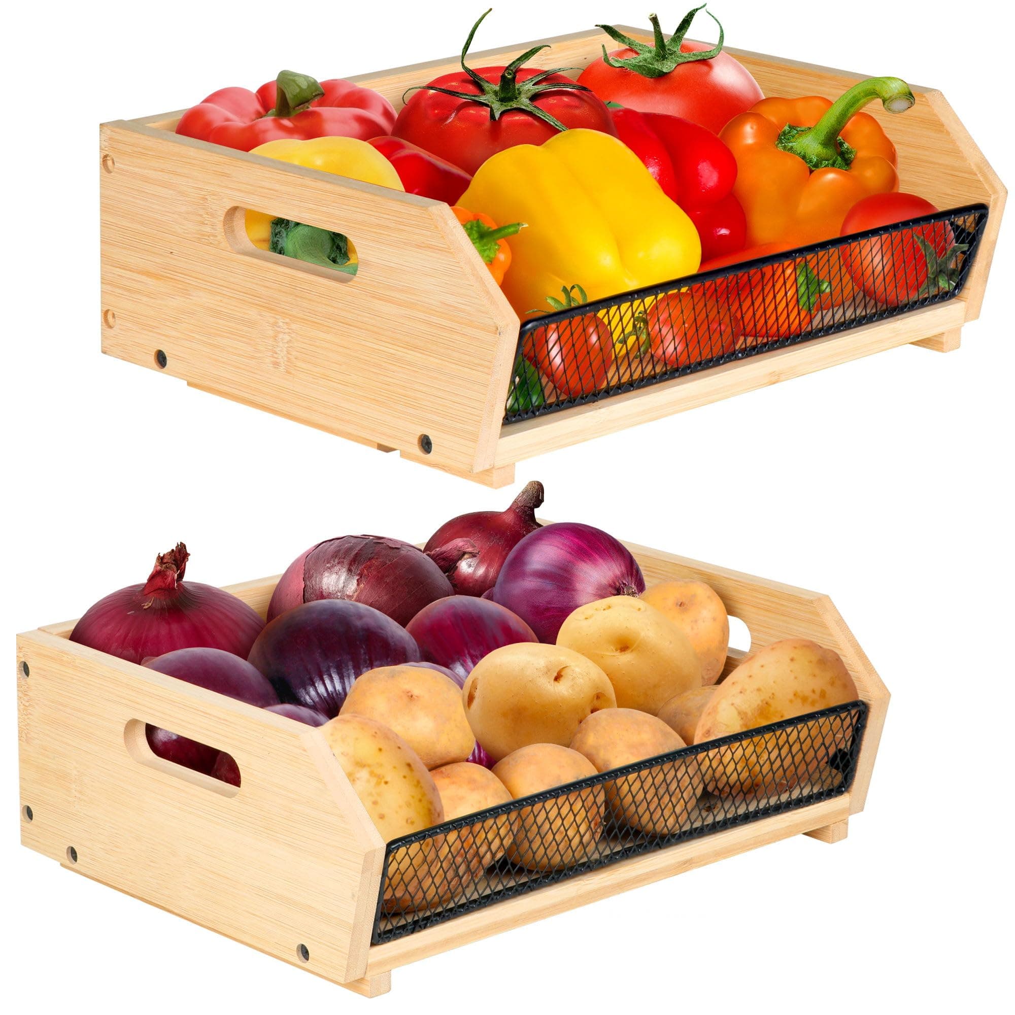 Alyoen Potato and Onion Storage Bin, Stackable Onion Potato Storage Basket with Handle, Onion Basket for Pantry, Bamboo Storage Bin for Produce, Fruit, Bread, Vegetable, Garlic, 2 Pack