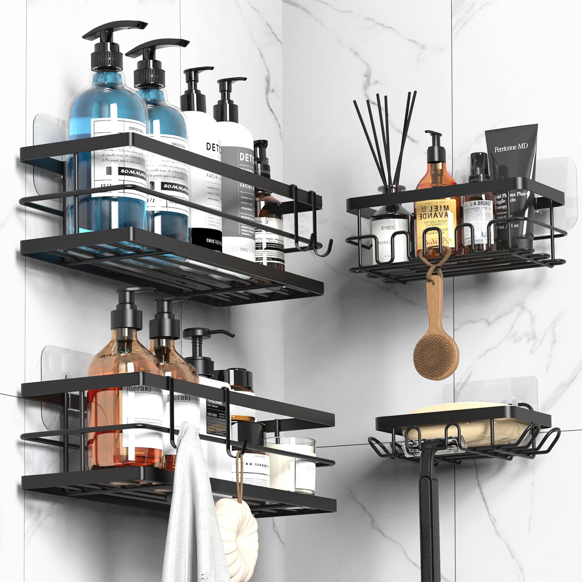 4 Pack Large Shower Caddy, Adhesive Bathroom Storage Caddy Rack, Black Stainless Steel Shower Basket for Kitchen Storage