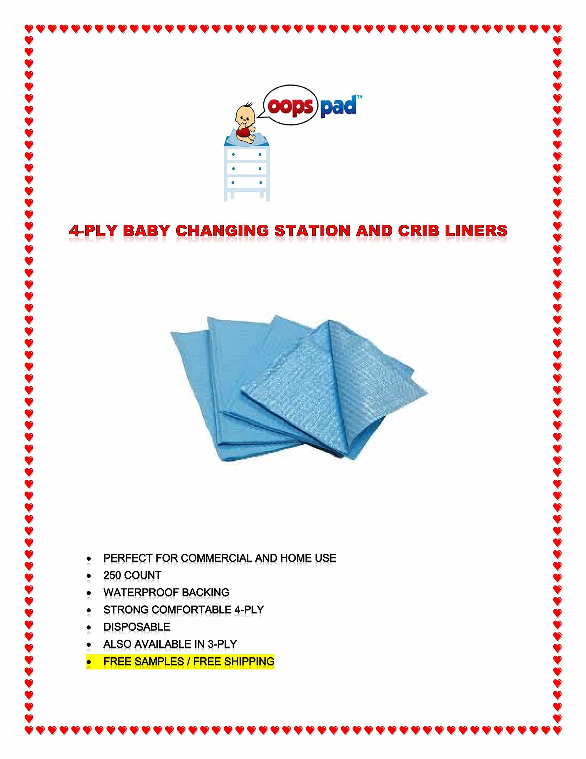 Oops Pad 4-Ply Blue Changing Station Table Liners 500ct Free Samples