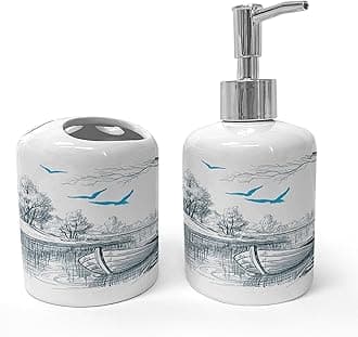 Ambesonne Landscape Soap Dispenser & Toothbrush Holder Set, Boat on Calm River Trees Birds Twigs Sketch Drawing Clipart Water Minimalist, Ceramic Bathroom Toiletry Accessories, 2 Pcs, White Grey Blue