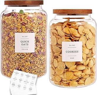 Set Of 2 Large Glass Jar with Wooden Lid with 132 Labels, Glass Storage Jars for Flour Pasta Candy Coffee Cookie and More(1 gallon/4000 ml)