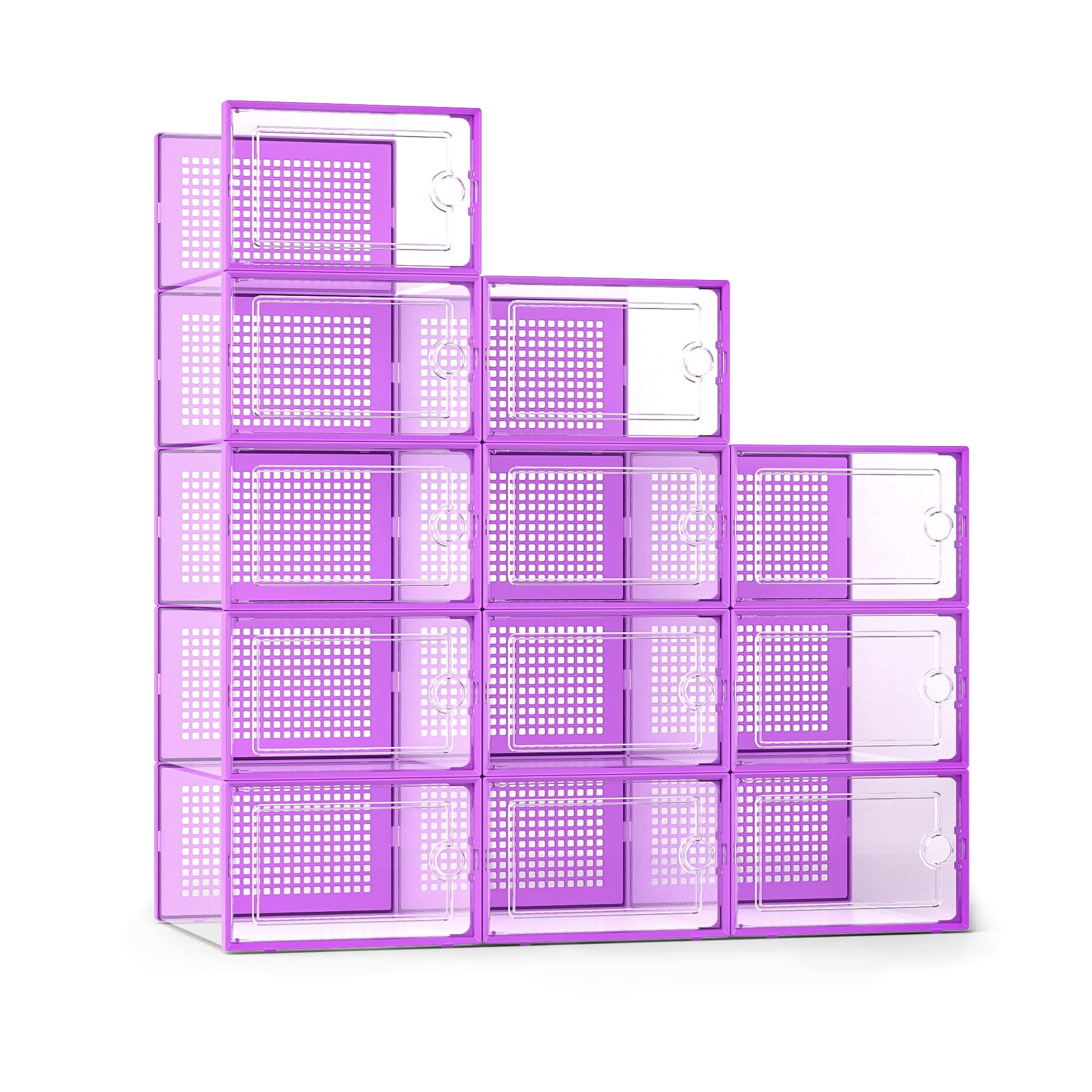 Kuject X-Large Shoe Storage Boxes Organizers Clear Plastic Stackable 12 Pack, Shoe Rack & Holder Substitute, Sneaker Containers, Toy Storage Organizer Bins for Entryway, Closet, Under Bed, Purple