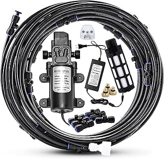 Mornajina Outdoor Misting Cooling System with Pump Kit, 49.2FT(15M) Misting Line with Filter, 20 Brass Mist Nozzles, 1 Brass Adapter (3/4"), 12V DC 60W 5L/Min, Self Priming Sprayer Water Pump