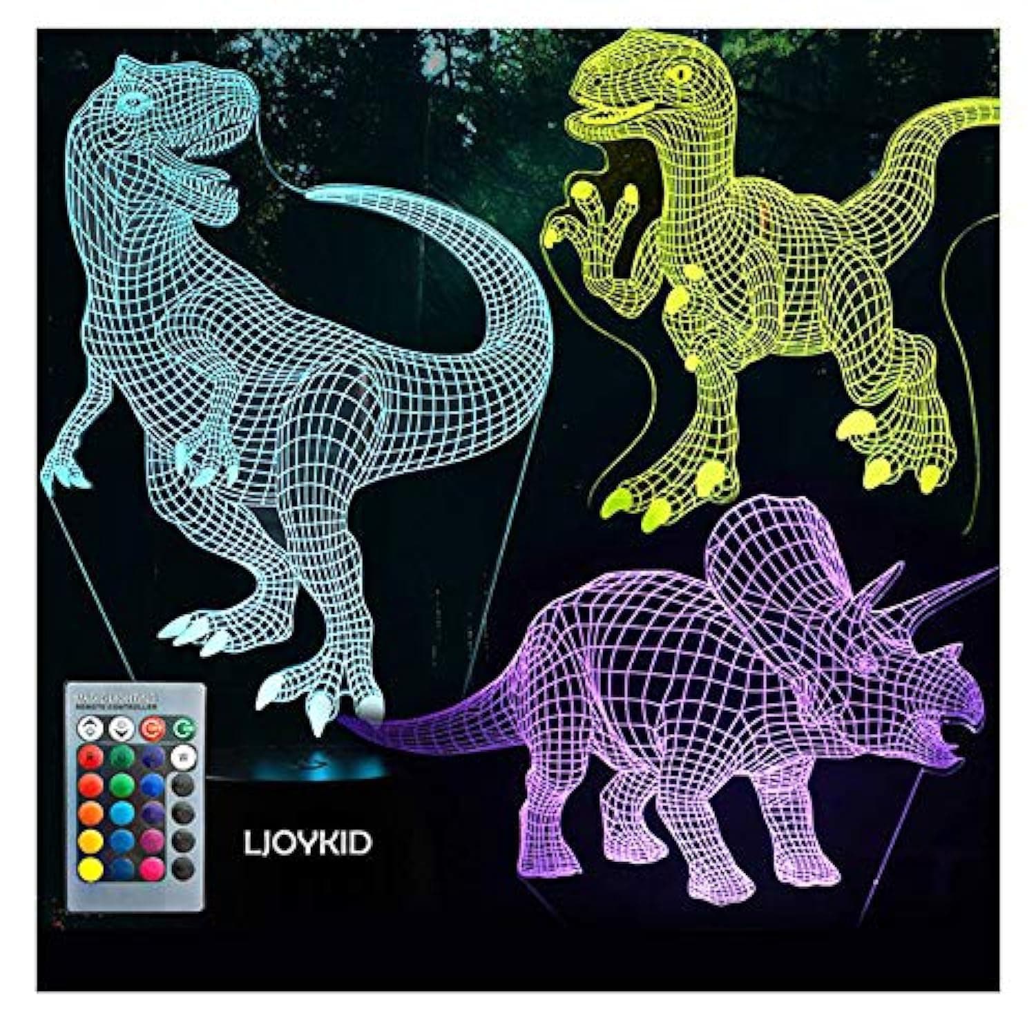 3D Dinosaur Night Light - 3D Illusion Lamp Three Pattern and 7 Color Change Decor Lamp with Remote Control for Kids, Dinosaur Gifts for Boys