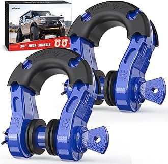 Heavy Duty Mega D-Ring Shackles(2 Pack) 68,000 lb Break Strength(17,000 lb WLL) w/ 7/8″ Screw Pin & Washers, Forged Steel Off-Road Recovery Shackles for Tow Strap & Winch Gear, Blue