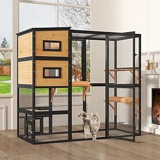 Large Indoor Cat Catio, 4 Tier Outdoor Cat Enclosures House for Cats with Waterroof Roof, 3 Resting Rooms, 3 Platforms, Cats Catio Connect to Window with 2 Large Door, Feral Pet Shelter, Black