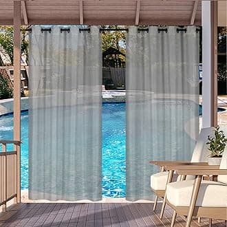 Outdoor Curtain for Patio, Grey Linen Look Semi-Sheer Curtains Waterproof Light Filtering Voile Outside Grommet Drapes for Pergola Balcony Pool Indoor 1 Panel, W52 x L96