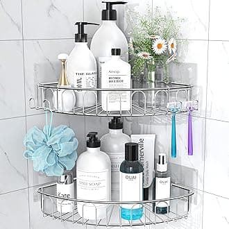 Adhesive Corner Shower Caddy Shelf with 2 Movable Hooks Wall Mounted Bathroom Storage Kitchen Organizer Rack No Drilling SUS304 Stainless Steel - 2 Pack