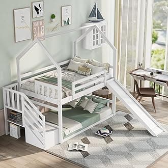 Twin Over Twin House Bunk Bed Frames with Slide and Storage Staircase, No Box Spring Needed, White