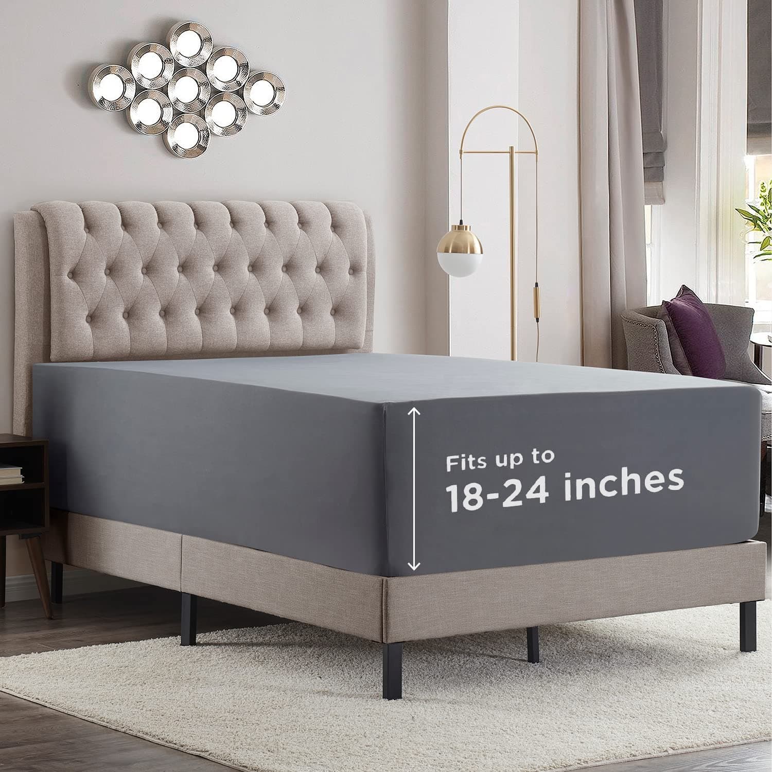 Empyrean Charcoal Grey Extra Deep Pocket Fitted Sheet Full Size, Hotel Luxury Deep Pocket Full Size Fitted Sheet Only Easily Fits 18 to 24 Inch Mattress, Soft, Wrinkle-Free with Corner Straps