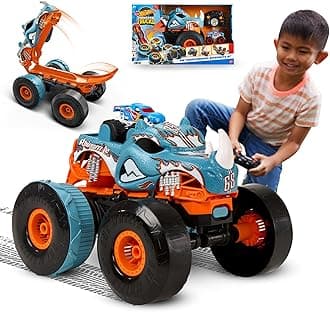 Monster Trucks Remote Control Car, HW Transforming Rhinomite in 1:12 Scale with 1:64 Scale Race Ace Toy Truck, Converts into Launcher, Connects to Orange Track, HPK27