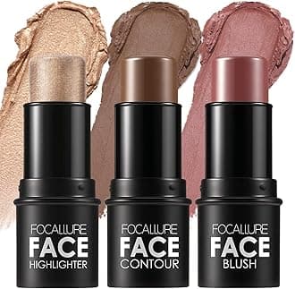 FOCALLURE 3 Pcs Cream Contour Sticks,Shades with Highlighter & Bronzer & Blush,Non-greasy and Water-resistant Face Contouring Pen,Easy to Sculpt the Face and Create a Lightweight Finishing