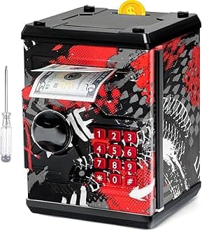 Vcertcpl ATM Piggy Bank for Boys Girls, Mini ATM Coin Bank Money Saving Box with Password, Kids Safe Money Jar for Adults with Auto Grab Bill Slot, Great Gift Toy Bank for Kids