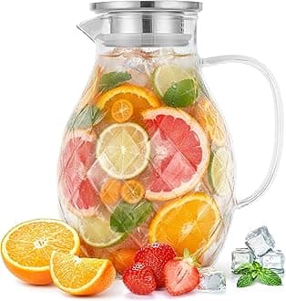 Glass Pitcher with Lid and Spout - 2 Liter / 68 oz, Borosilicate Glass w/Handle - Carafe for Hot/Cold Beverages - Water Jug - Iced Tea Pitcher - Juice Server - by PJC-Kitchen