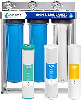 Express Water Whole House Water Filter System | IRON & MANGANESE | 3 Stage Full Home Filtration, Top-Tier Filters Removes Stains/Color on Glass-Ware, Fixtures, Laundry, Signf. Reduces Lead & Arsenic