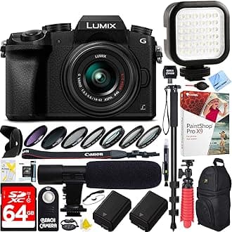 Panasonic LUMIX G7 Interchangeable Lens 4K Ultra HD Black DSLM Camera with 14-42mm Lens Bundle with 64GB Memory Card, Microphone, LED Light and Accessories (17 Items)
