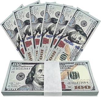 Prop Money 100 Dollar Bills Realistic， Play Money One Stack 100 Pcs for Movie Props, Kids and Party, Fake Dollar Pranks for Adults (Full Print 2 Sided Imitation)