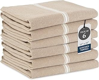 LANE LINEN Kitchen Towels Set - 100% Pure Cotton Dish Towels for Kitchen, Super Absorbent Kitchen Hand Towel, Tea Towels, Soft & Durable Dish Cloths, Pack of 6 – 14”x25”, Beige