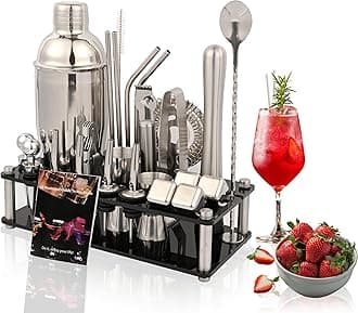 – Mixology Bartender Kit, 26-Piece Cocktail Shaker Set Stainless Steel Drink Shaker Bar Set with Acrylic Stand & Cocktail Recipes Booklet, Perfect Cocktail Set for Drink Mixing, Home, Bar and Parties