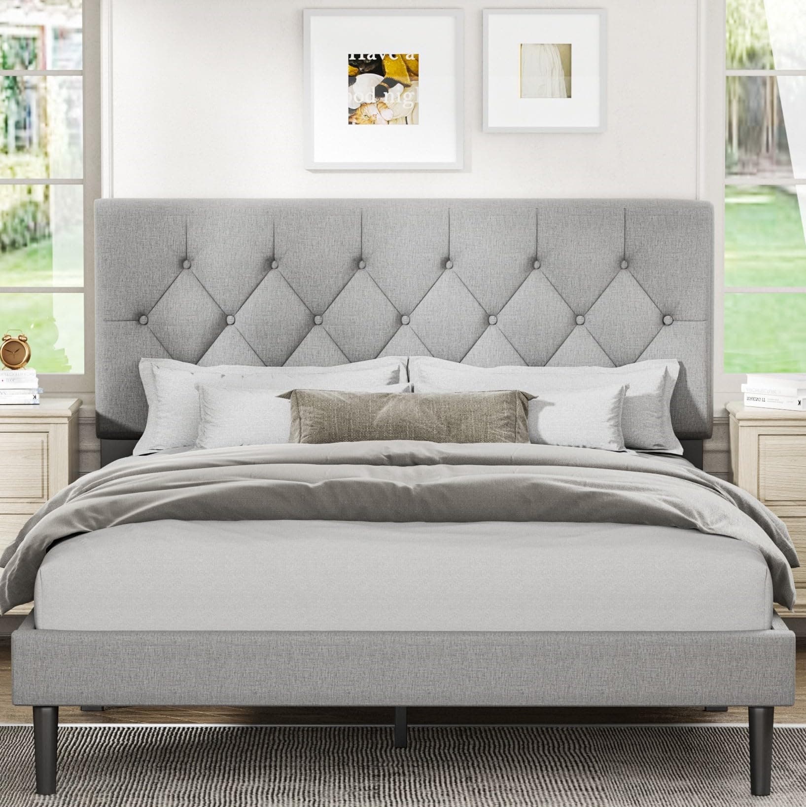 Queen Size Platform Bed Frame Upholstered Headboard Button Tassels Design Box Spring Free Light Grey