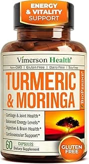Moringa Turmeric Curcumin Supplement for Joint Health, Gut Health, Energy & Immune Support – Turmeric Curcumin with Black Pepper – Total Wellness Formula with Tumeric Moringa Pure Capsules – 60 Count