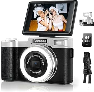 Digital Cameras for Photography and Vlogging, 4K 64MP Flip Screen, Use with LED Light, 64GB TF Card, Compact Photo WiFi Camera for YouTube Kit Travel, Beginners (Silver-Black)