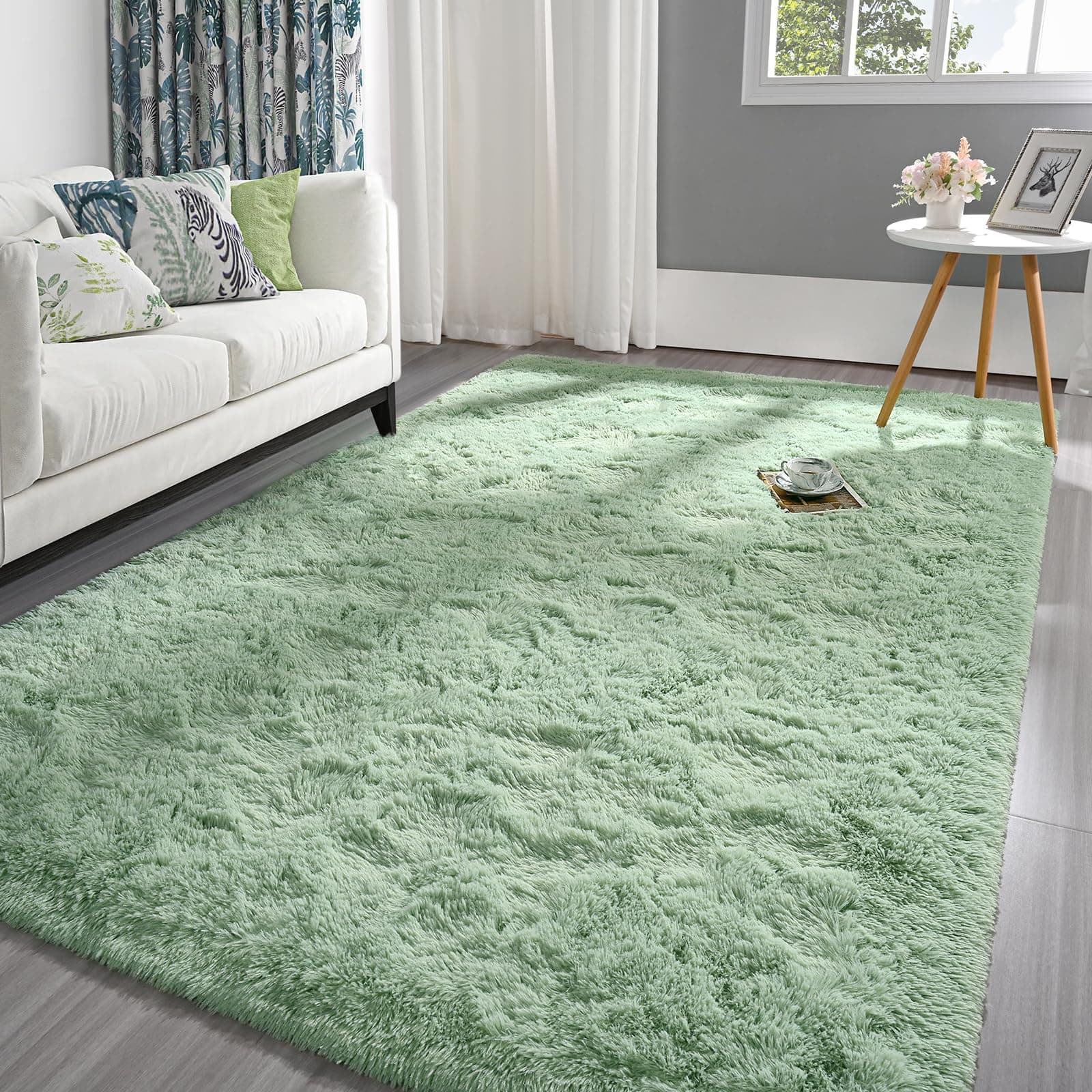 Pettop Fluffy Sage Green Rectangular Area Rug, 8 ft x 10 ft, Modern Shaggy/Fluffy, Non Slip, Washable, Home Decor, Bedroom, Living Room, Nursery, Playroom