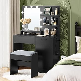 Vanity Desk with Mirror and Lights, 35.4-Inch Wide Makeup Vanity with Upholstered Vanity Stool, Power Outlets, Dimmable LED Lights, Storage Drawer, for Bedroom, Ink Black URDT128B01
