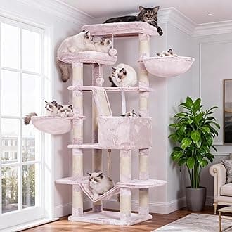 Heybly Hebly Cat Tree,68 inch Multi-Level Cat Tower for Indoor Cats,2 Widened Plush Perches Cat Condo with Scracthing Board and Big Caves,Muchroom HCT025MU