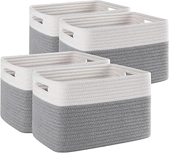 4 Pack Shelf Baskets for Organizing Home - Perfect for Toys, Books, and Clothes, Versatile Woven Storage Baskets with Handles, Durable Cube Storage Bins, 13''L x9''W x7.8''H, Grey and White
