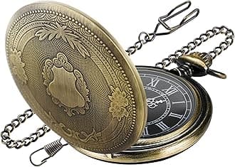 Carved Flower Quartz Pocket Watch with Quartz Movement, Pocket Watch with Chain Clip for Men
