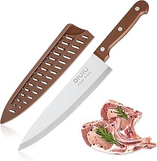 OLULU 8 inch Chef Knife, Razor Sharp Kitchen Knife with Protective Knife Sheath, Razor Sharp Slicing Knife with Ergonomic Handle, German Stainless Steel, Dishwasher Safe (Brown Color)
