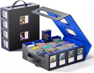 Trading Card Storage Box – 3500+ Magnetic MTG Deck Box with Handle,Commander & Toploader Display, Dice Box,4 Dividers & 30 Color Labels – Fits for TCG,MTG,Yu-Gi-Oh and Sport cards(Black/Blue)