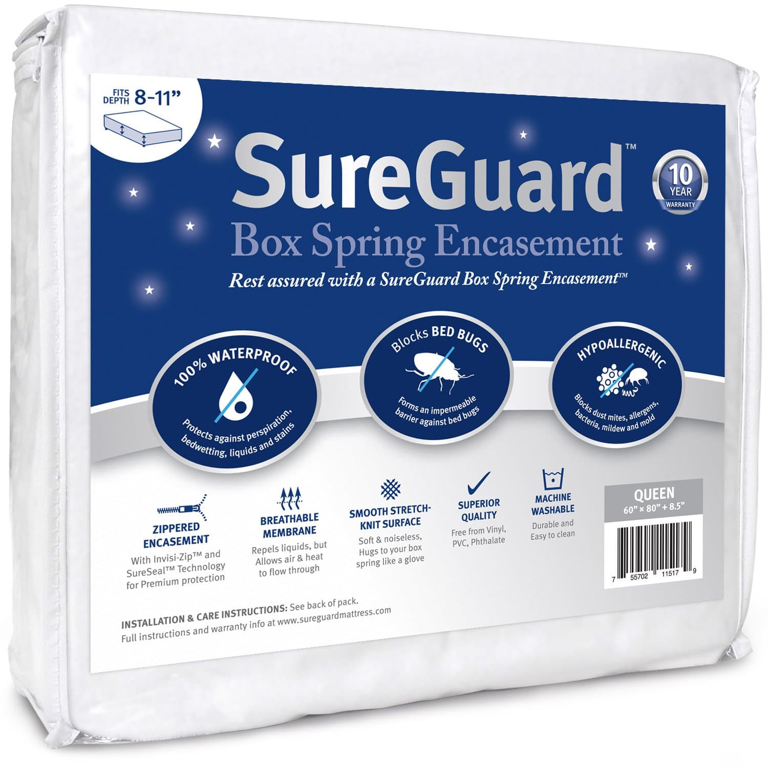 Queen Size SureGuard Box Spring Encasement - 100% Waterproof, Bed Bug Proof, Hypoallergenic - Premium Zippered Six-Sided Cover