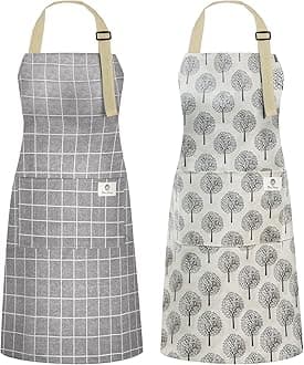 2 Pack Waterproof Cooking Aprons, Adjustable Bib Soft Chef Apron with 2 Pockets for Men Women (Gray Stripe/Gray Trees)