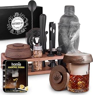 Bartender Kit with Whiskey Smoker - 13 pcs, Pine Stand - Bar Set with Cocktail Shaker, Bartending Kit with Essential Bar Accessory Tools, Wood Chips, Matte
