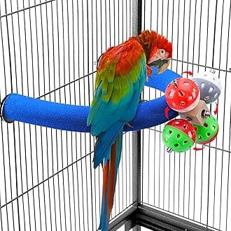 Parrot Perch Stand with Rotating Bell Balls, U Shape Quartz Sands Bird Stick Paw Grinding Rough-surfaced Large Bird Perches for Parakeets,Macaw,Parrots Cages Toy (Blue Rotate)