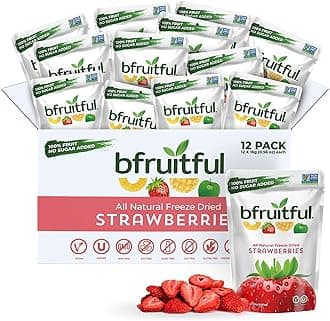 bfruitful Freeze-Dried Strawberries, Freeze Dried Fresh Fruit Bites, Gluten Free, Vegan, Dairy Free, Kosher, No Sugar Added, Non GMO, Healthy Snacks for Kids or Adults, 0.56 oz Single-Serve Snack Packets, 12 Pack