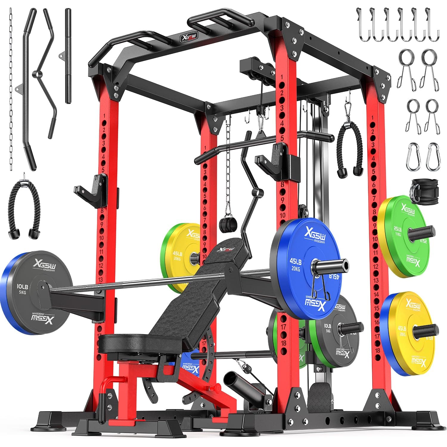 XGSW XINGESIWR Power Cage Multi-Function Power Rack with Cable Crossover System,1800 LBS Capacity Squat Rack with Weight Bench,for Home Gym