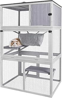 X-Zone Catio Wooden Outdoor Cat Enclosure with Asphalt Roof, 3 Floors Cat House, Indoor Large Kitten playpen with Hammock & Resting Box, Cat Cage with 3 Doors