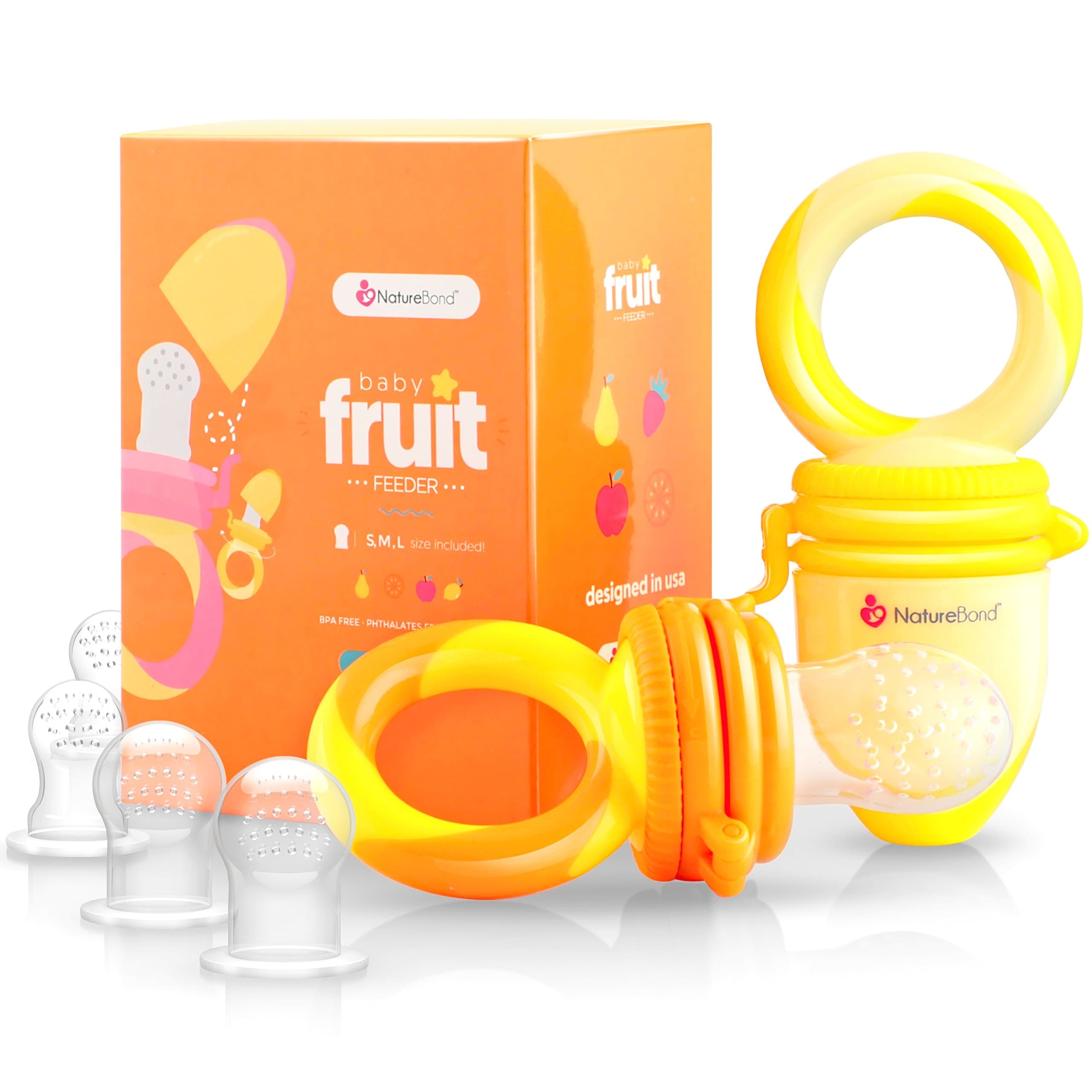 NatureBond Baby Food Feeder/Fruit Feeder Pacifier (2 Pack) - Infant Teething Toy Teether | Includes 6 PCs Silicone Sacs (Sunshine Orange & Lemonade Yellow)