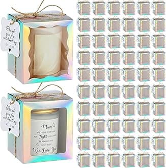 ReliThick 100 Set Candle Gift Box Transparent Gift Packaging Box for 4-10 oz Candles 50 Paper Thank You Tag Bundle Hemp Rope for Wedding Baby Shower Party Favor, 3.35x3.35x3.94 in (Laser)